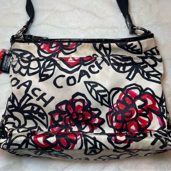 Coach Satin Poppy Black White Red Shoulder Crossbody Bag Adjustable Straps - Picture 6 of 13